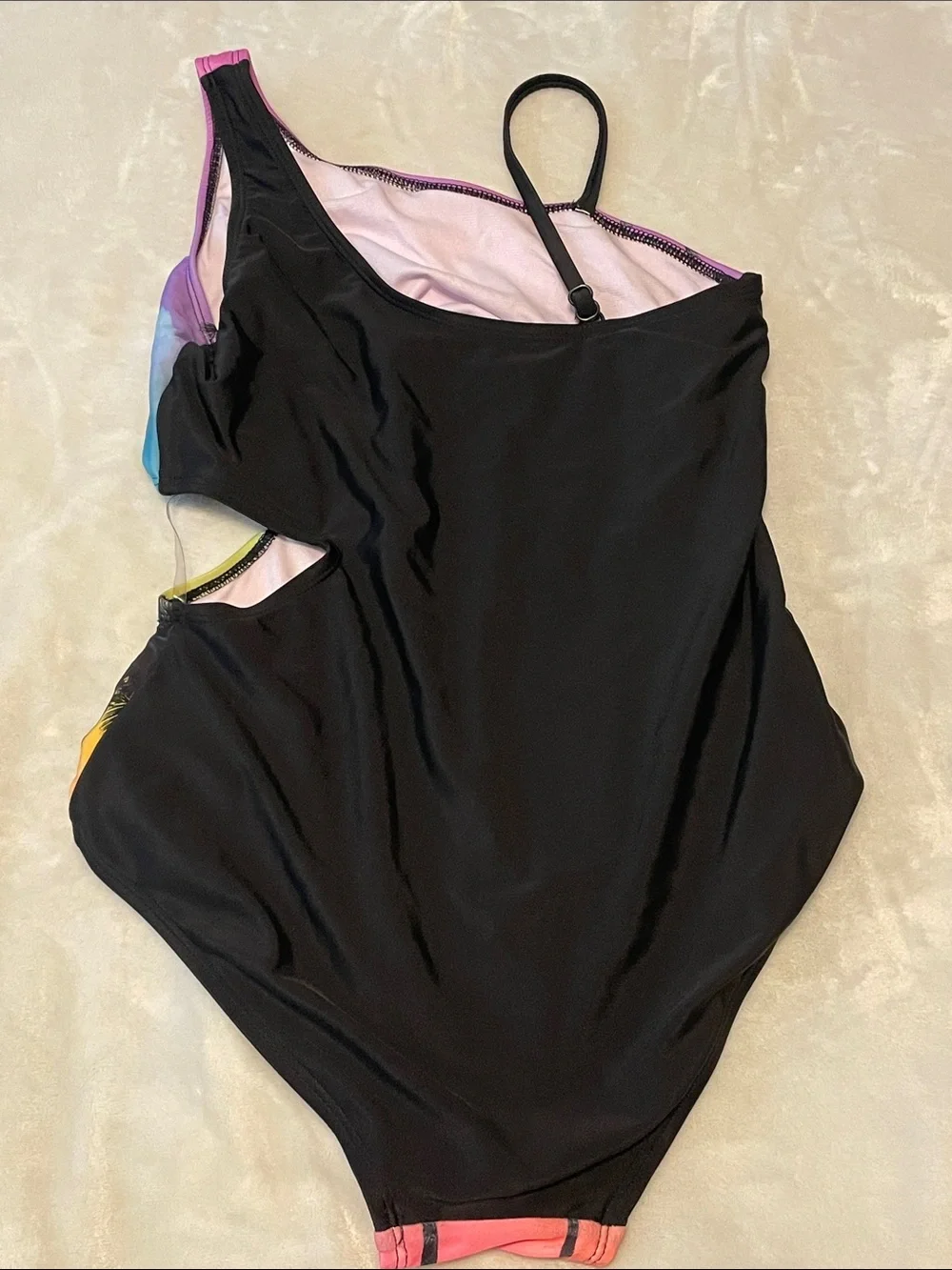 Justice Girls One-Piece Swimsuit - Rainbow Gradient with Black Palm Silhouettes